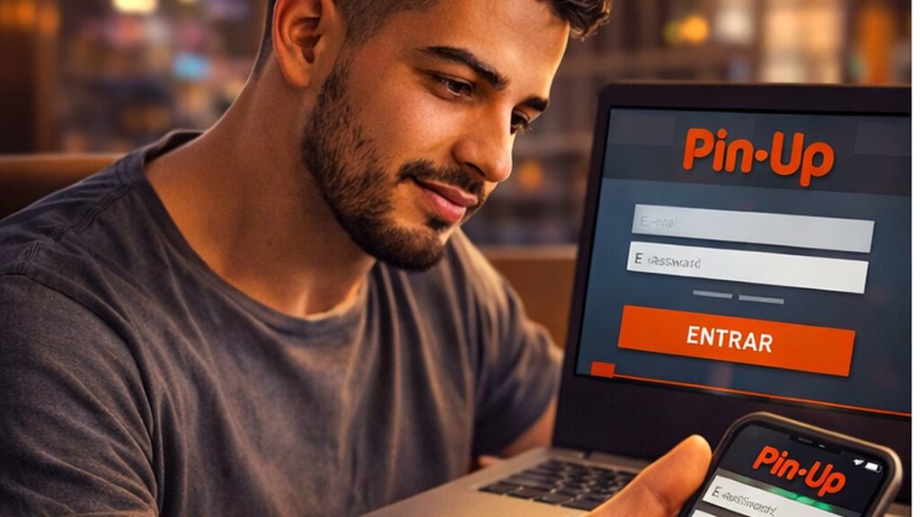 Iniciar sesión en Pin Up casino desde Ecuador, usuario entrando a su cuenta desde laptop y celular con pantalla de acceso
